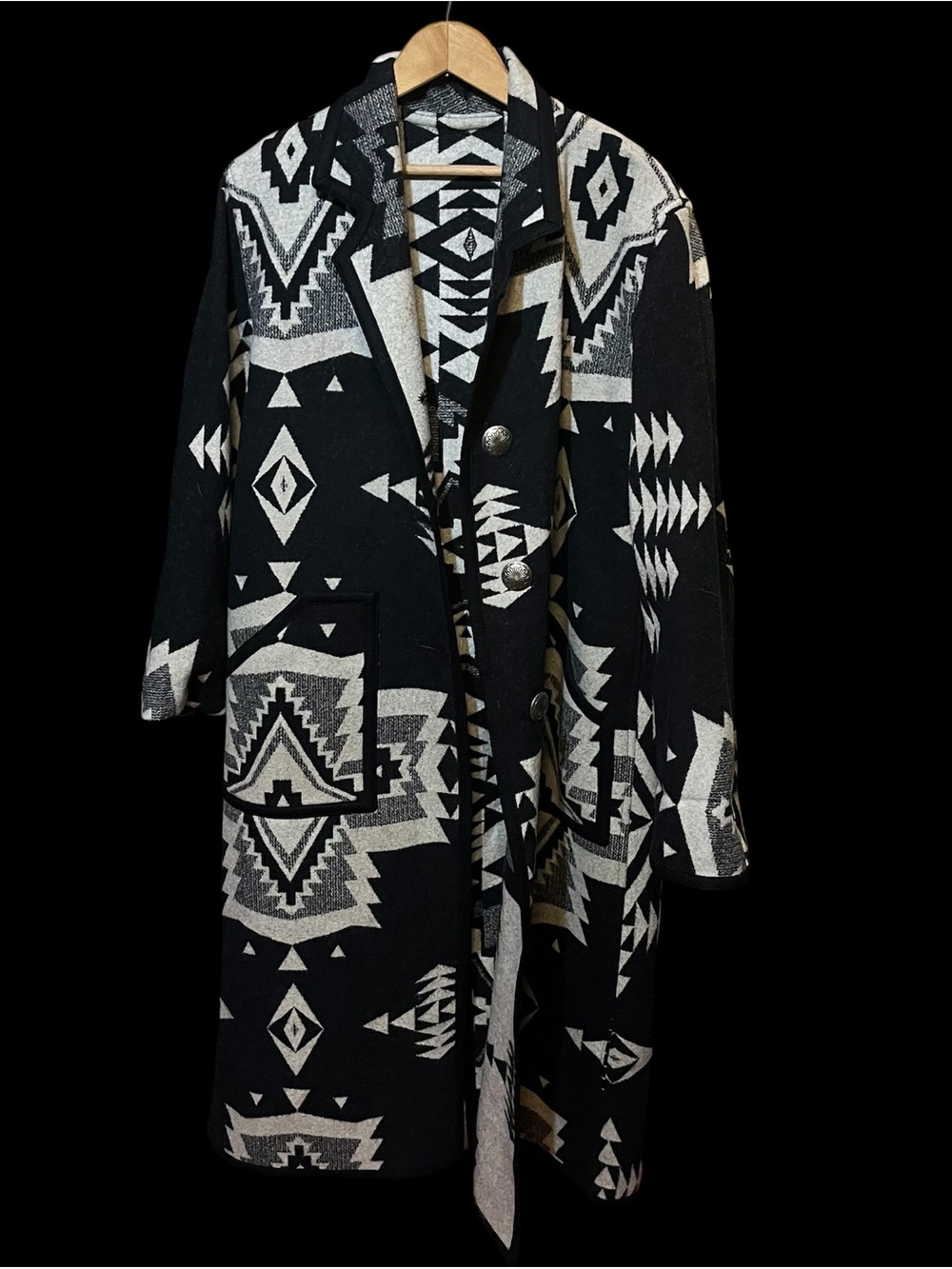 Women's Black & Cream Aztec Pattern Long Coat